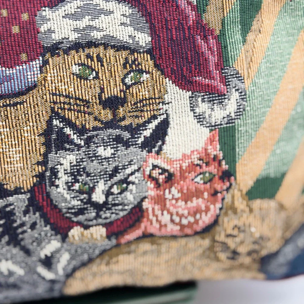 Vintage Christmas Kittens Woven Tapestry Holiday Throw Pillow Accent Decor 16x12